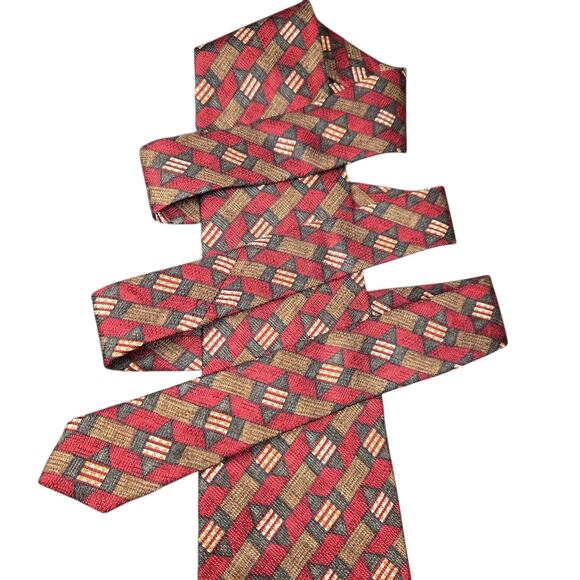 ERMENEGILDO ZEGNA Men Tie 100 Silk Red Green Geometric Italy Luxury Modern Style - Picture 5 of 8